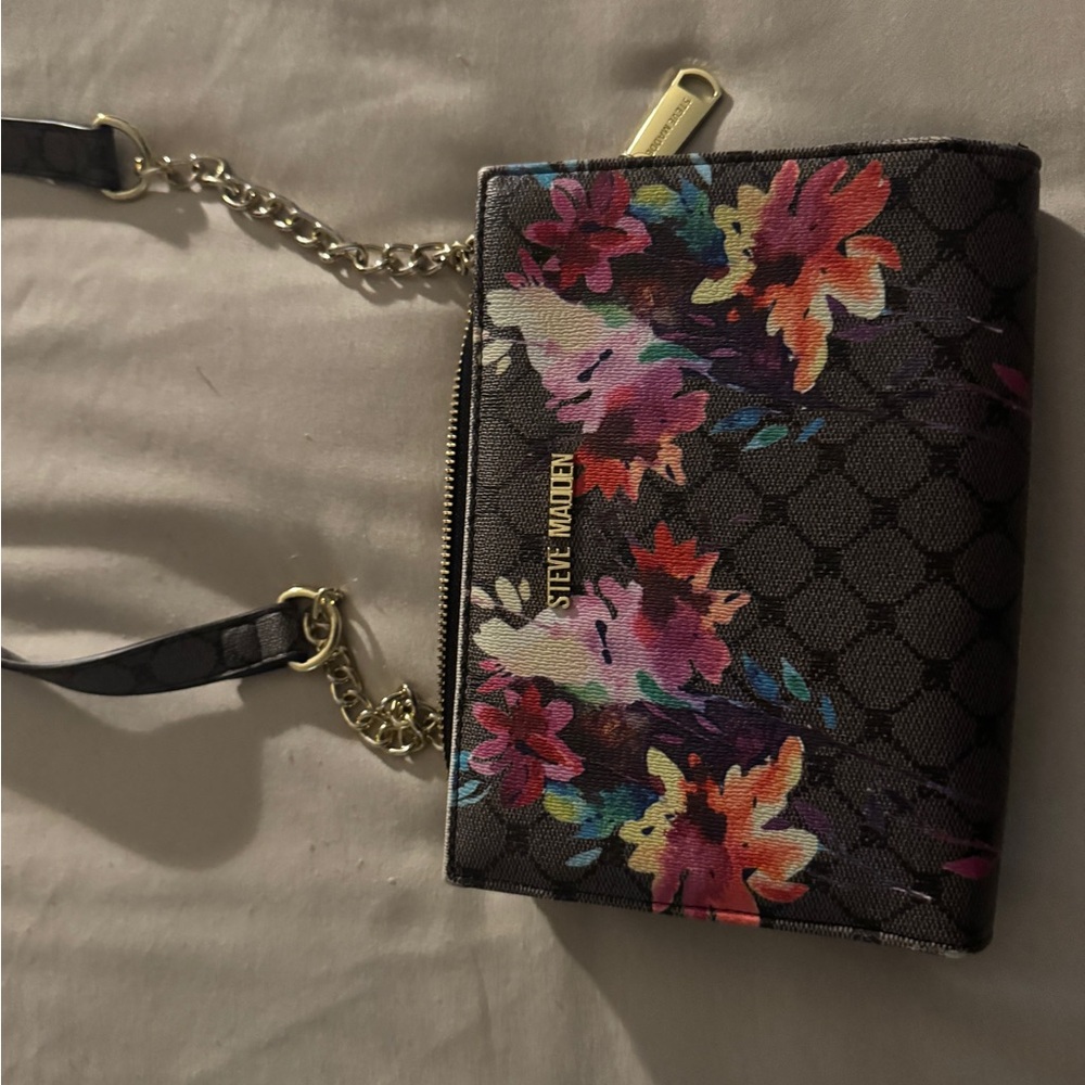 Steve Madden Black Floral Wristlet with Gold Accents